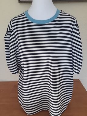 Free Assembly  Dark Navy  & White Striped Shirt with Pleated Sleeves
